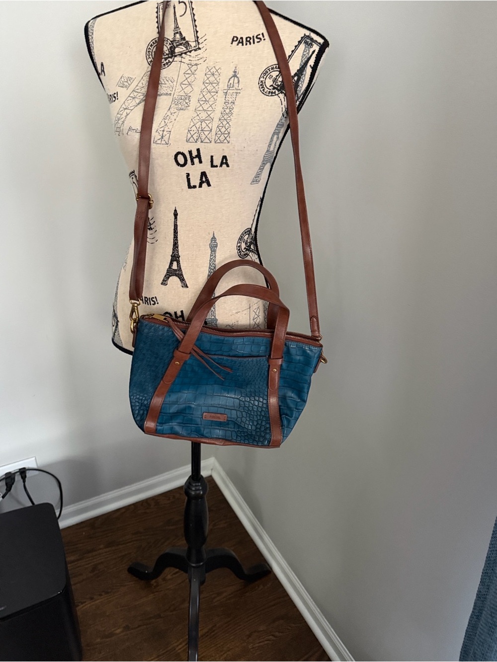 Fossil Blue croc-embossed leather 2-way satchel/crossbody with brown trim